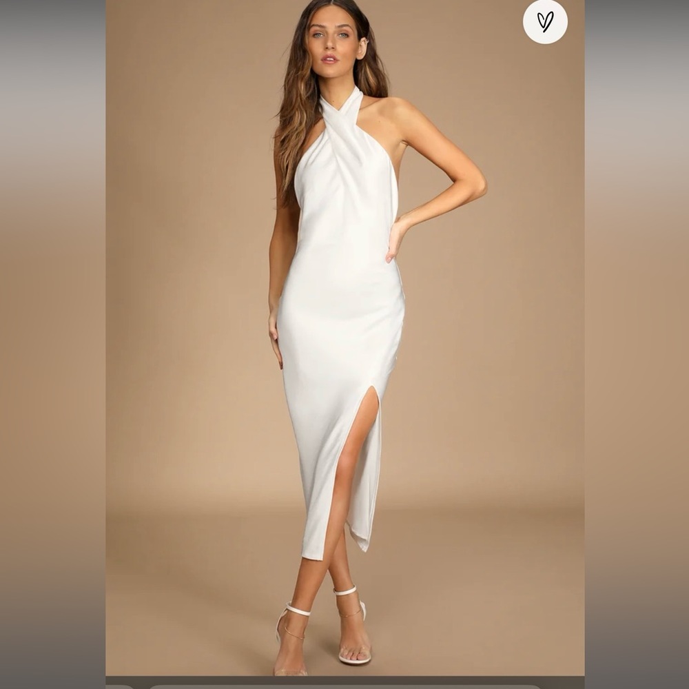 Lulus Beyond Classy White Satin Halter Midi Dress